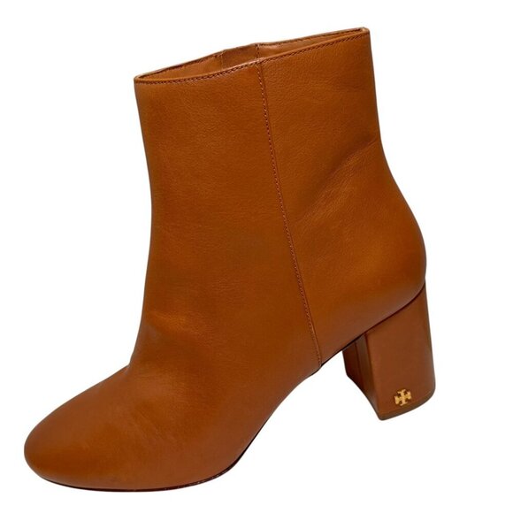 TORY BURCH Brooke Logo Heel Ankle Boots carmel Leather Size 9.5 New - Picture 1 of 6